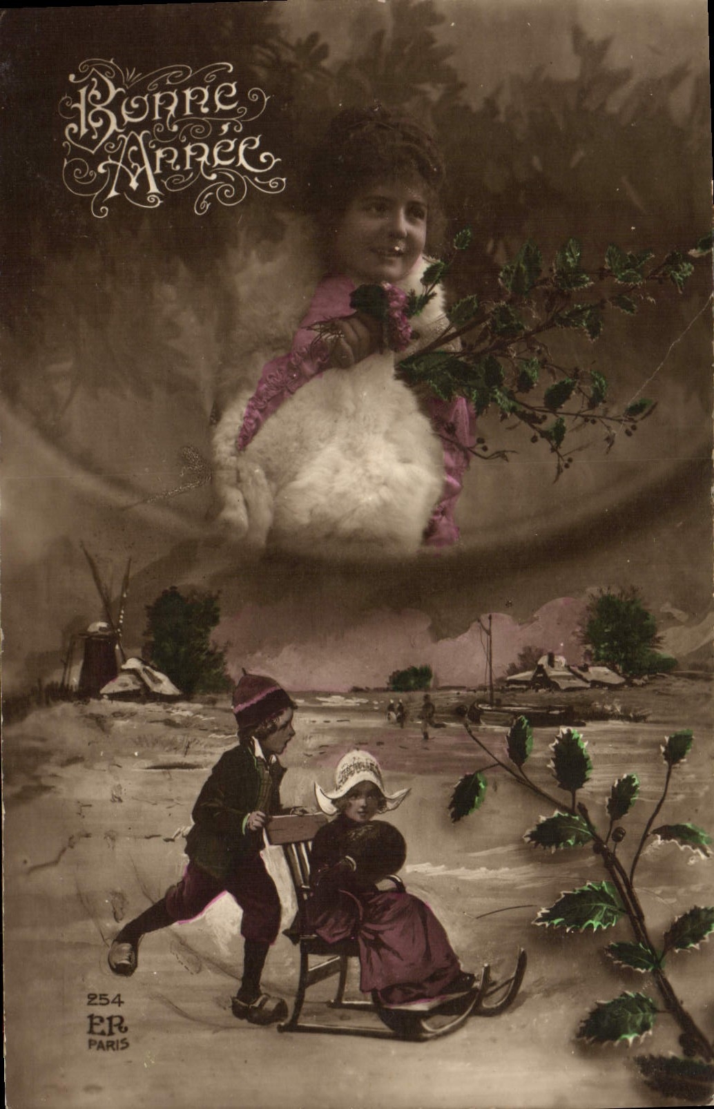 CPA Fantaisie Enfants Luge Moulin a vent