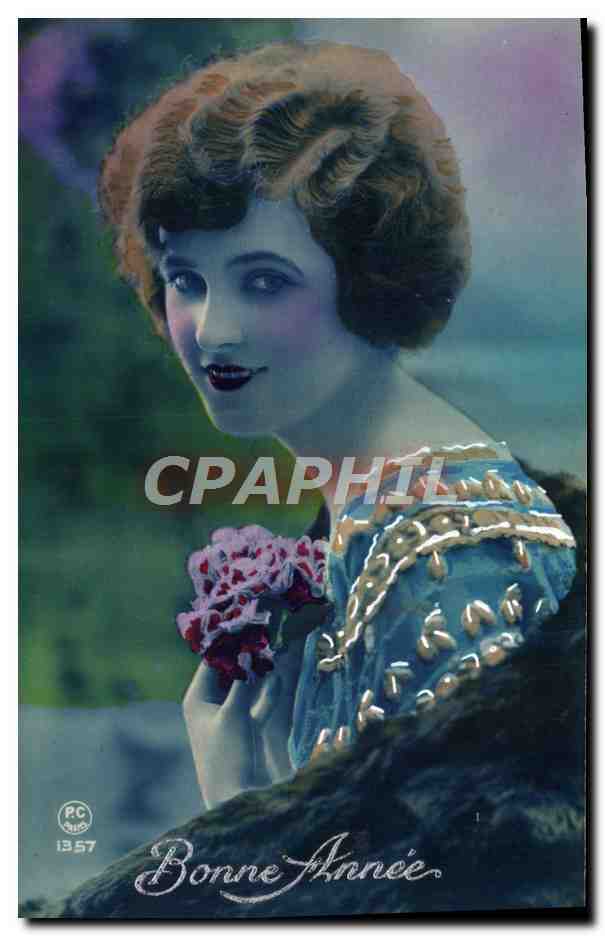 Jeune femme en robe bleue — Bonne Année 1937 — P.C. Paris n°1357