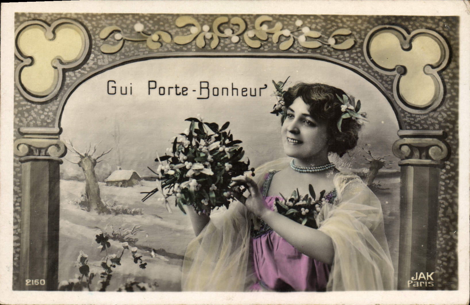 Gui Porte-Bonheur — tarjeta postal de felicitación con mujer sosteniendo guisantes — JAK París n°2160