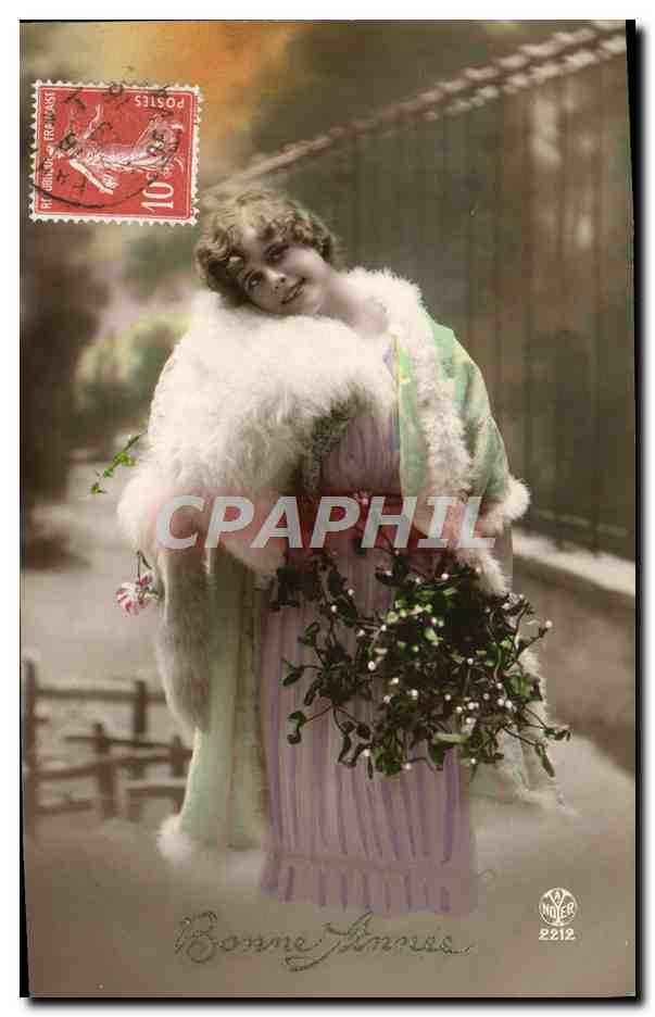 Femme en fourrure tenant un buisson de gui — Bonne Année — A. Noyer, n°2212
