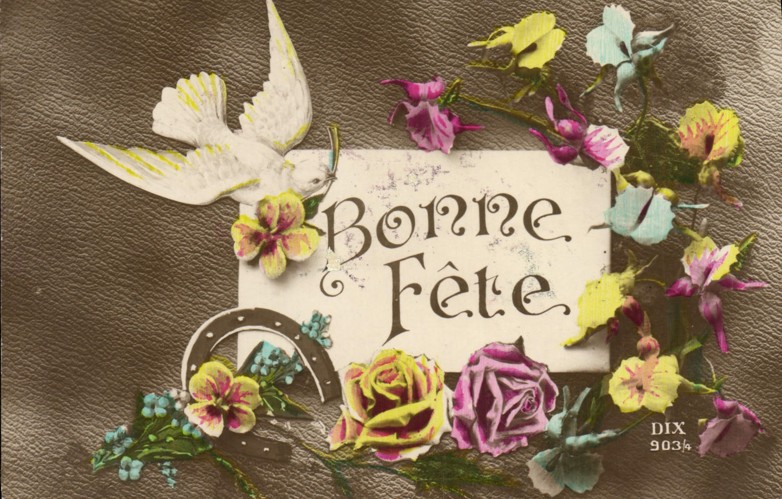 CPA Fantaisie Fleurs Colombe Fer a cheval