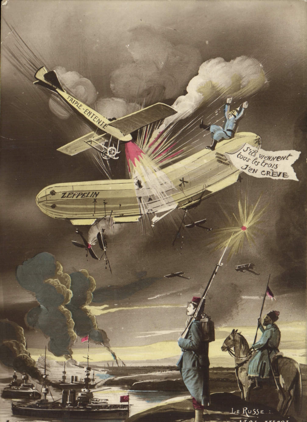 CPA Fantaisie Soldat Militaria Zeppelin Dirigeable Avion Aviation