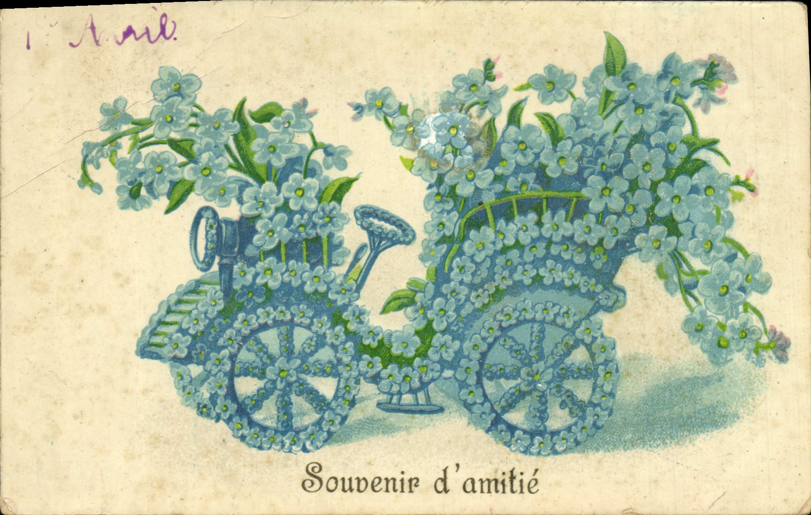 Antike Ansichtskarte Fantasie Auto mit Blumen