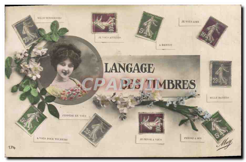 CPA Fantaisie Femme Langage des timbres Semeuse 