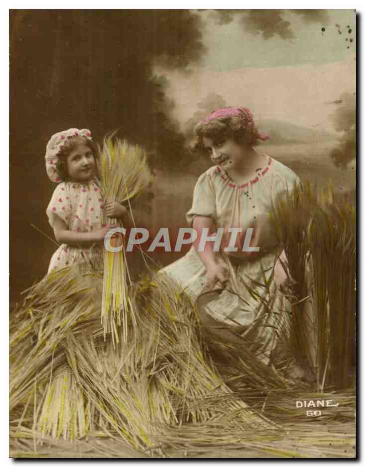 CPA Fantaisie Femme Enfant La moisson