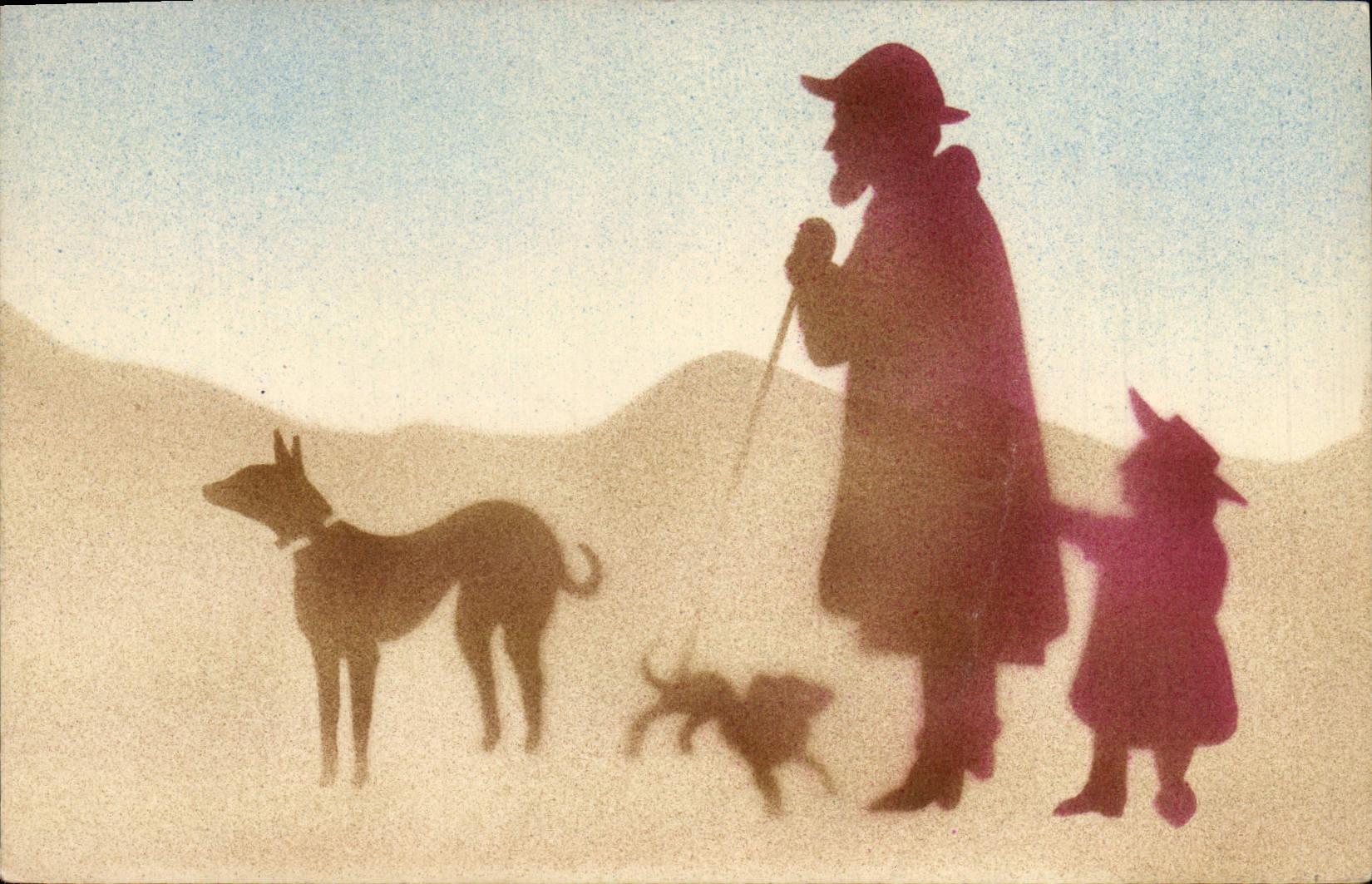 Silhouette d'un homme, d'un enfant et de chiens dans un paysage — éditeur GraphiM, n° de série non visible