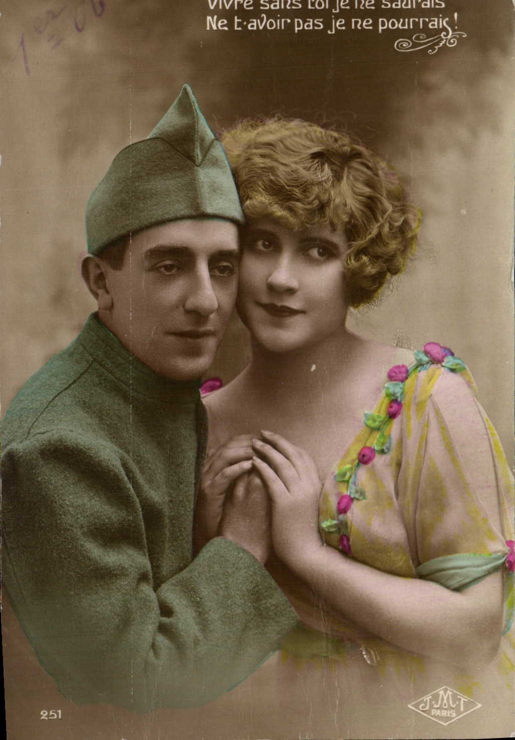Soldat et femme — scène affectueuse — J.M.T. PARIS n°251