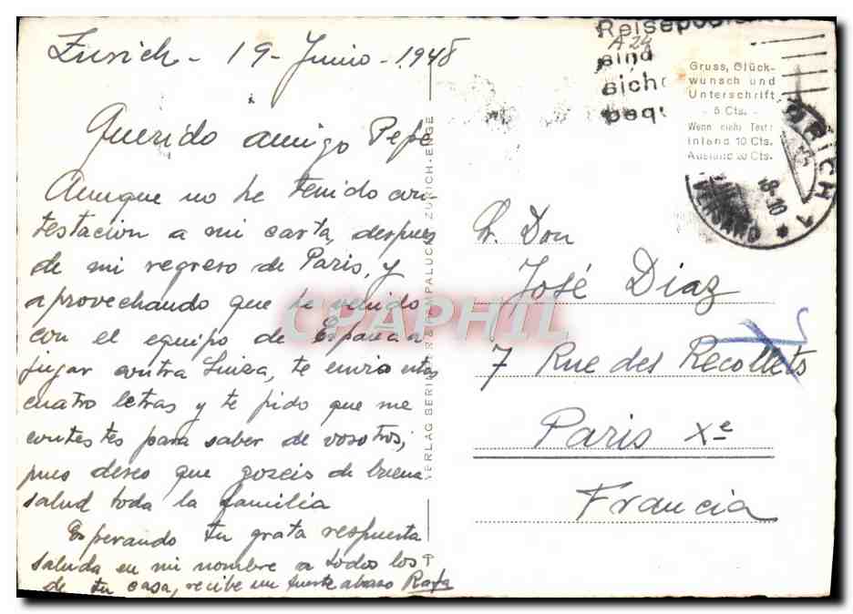Zurich, la ville intérieure — vue aérienne — Z-2850 — éditeur Reise-Postkarten — Verso