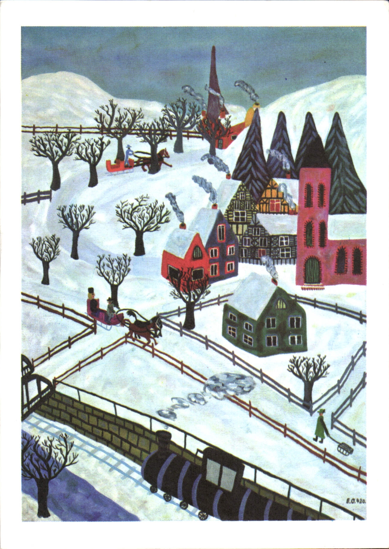 Village enneigé — dessin d'Eduard Odenthal — éditeur CPAPHIL, n° de série E.O.920