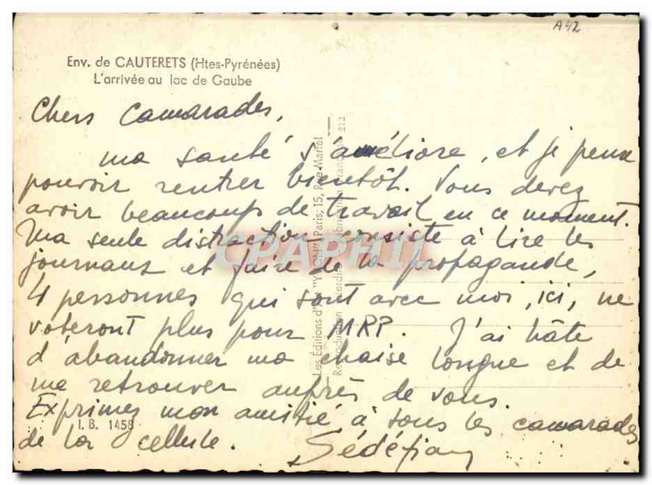 Arrivée au lac de Gaube — Env. de Cauterets (Htes-Pyrénées) — Yvon 17 — Rückseite