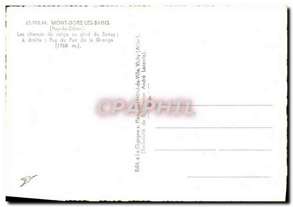 CPM Mont Dore Les Bains Les Champs de Neige au pied de Sancy Puy de Pan de la Grange — Verso