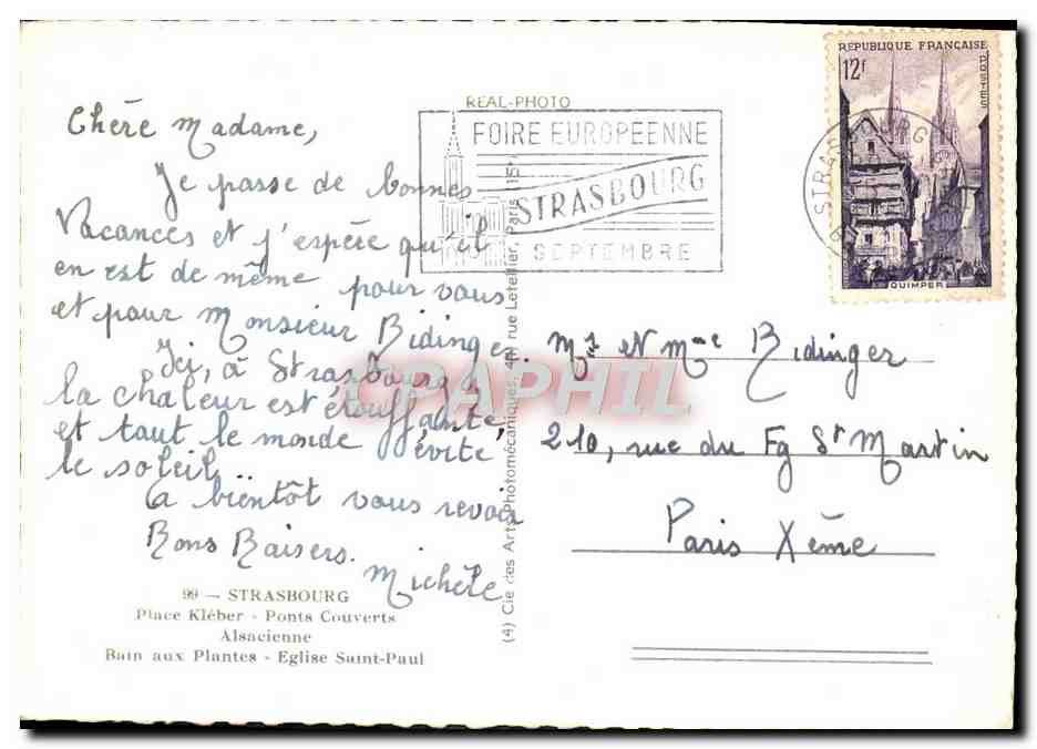 CPM Strasbourg Place Kleber Ponts Couverts Alsacienne Bain aux plantes Eglise Saint Paul — Verso