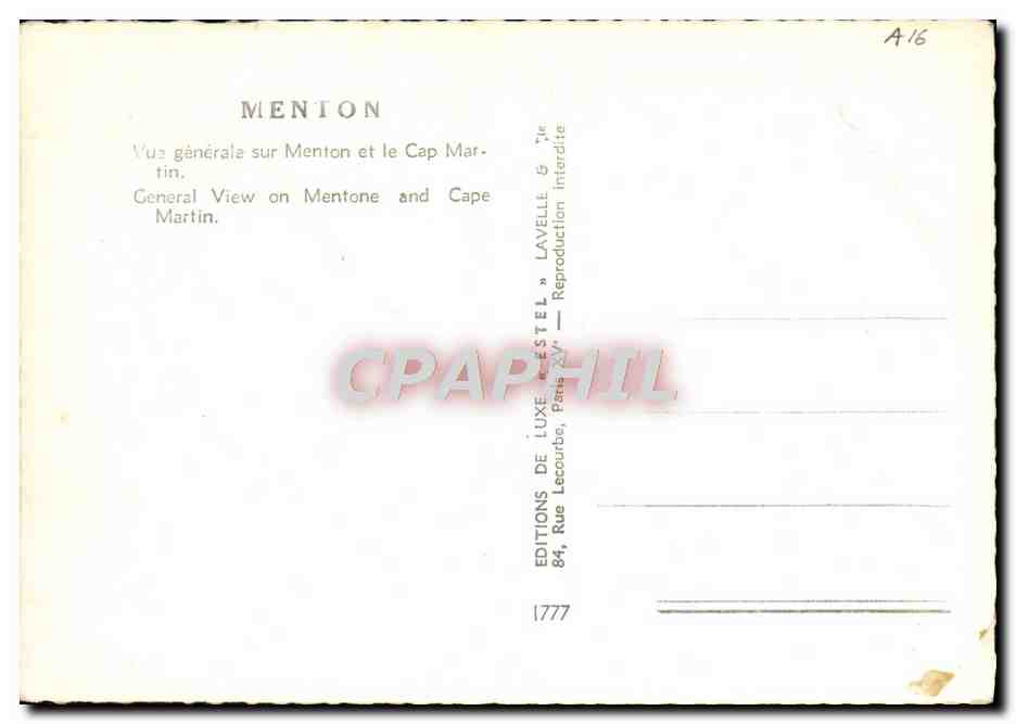 CPM Menton Vue Generale sur Menton et Cap Martin — Rückseite