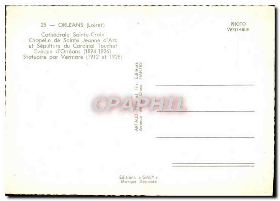 CPM Orleans Cathedrale Sainte Croix Chapelle De Sainte Jeanne D'Arc Cardinal Touchet Eveque d'Orleans — Verso
