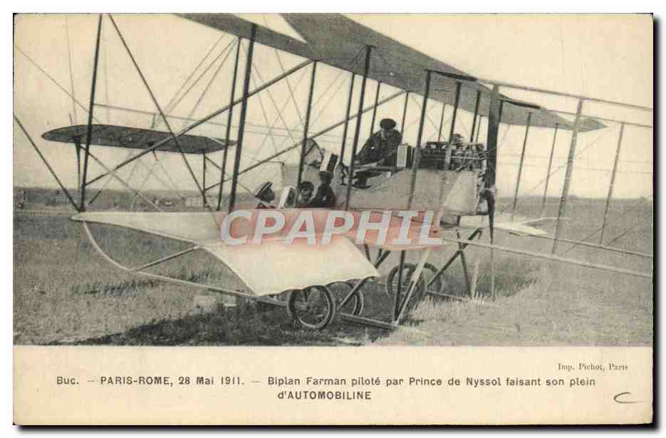 CPA Avion Paris Rome 28 mai 1911 Biplan Farman Prince de Nyssik Automobiline