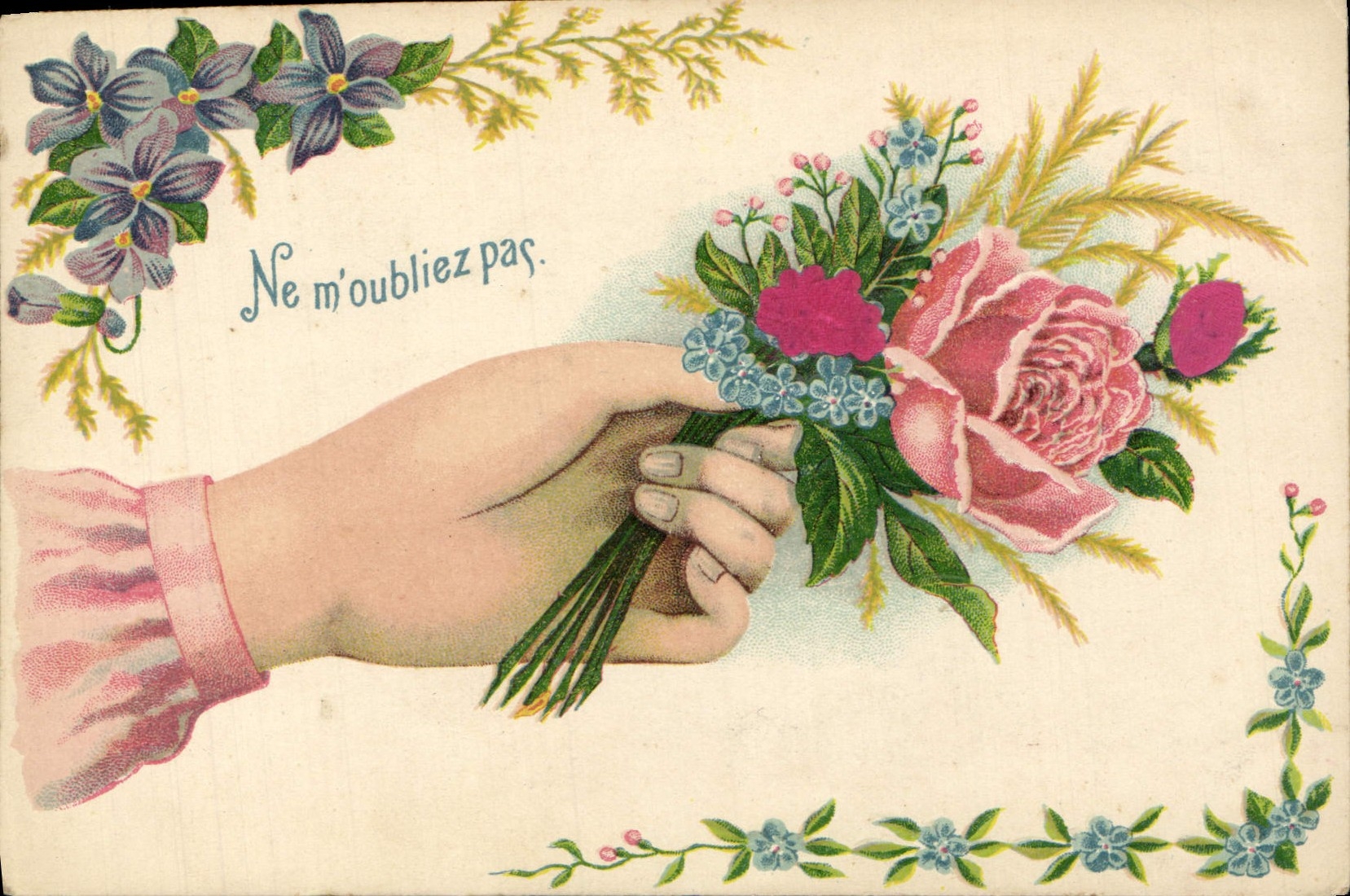 Main tenant un bouquet de fleurs — Ne m'oubliez pas. — CPAPHIL