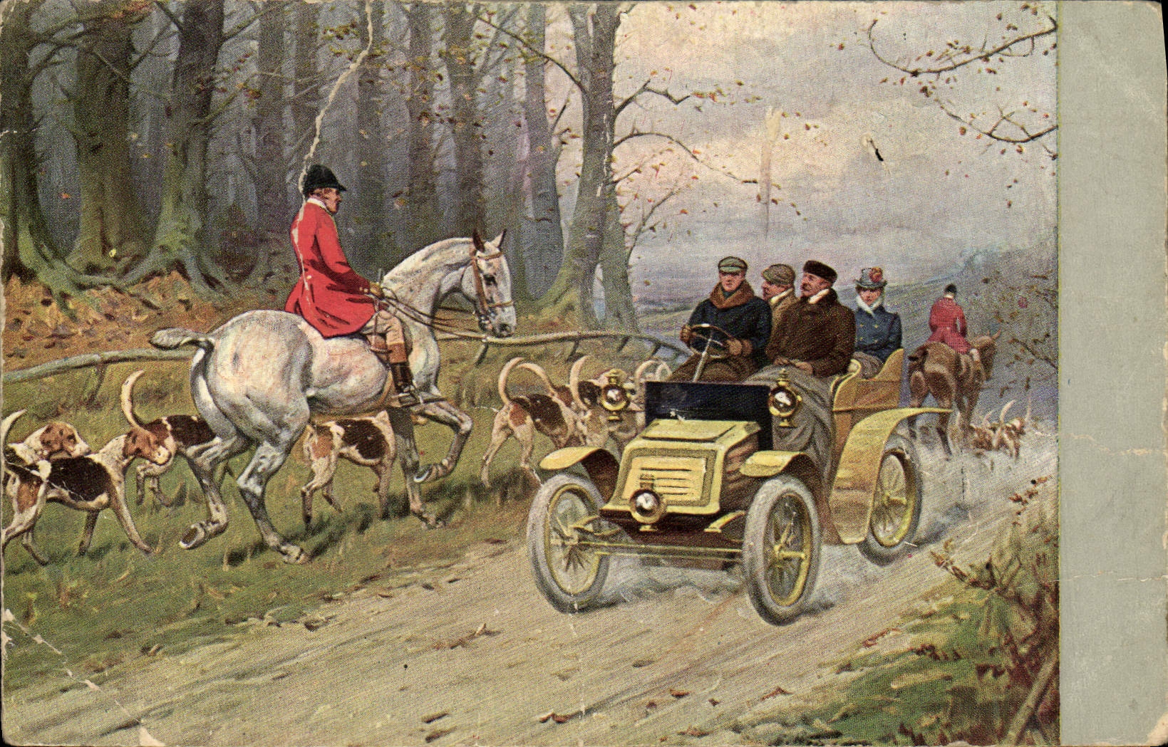 CPA Fantaisie Automobile Chasse a courre Cheval Chiens