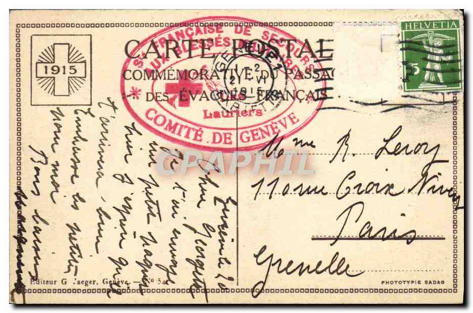 CPA Fantaisie Ceux qui passerent Cachet Geneve comite de Geneve Blesses — Rückseite