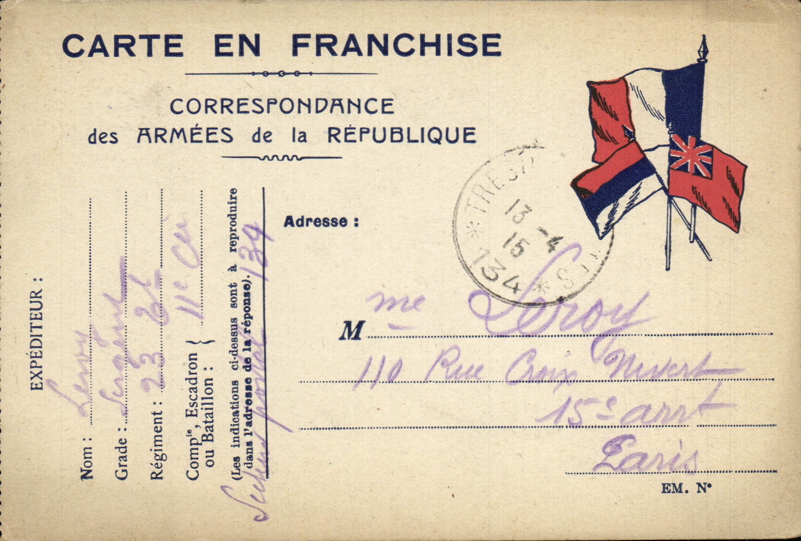 Carte en Franchise Leroy Rue Croix Nivert Paris 1915