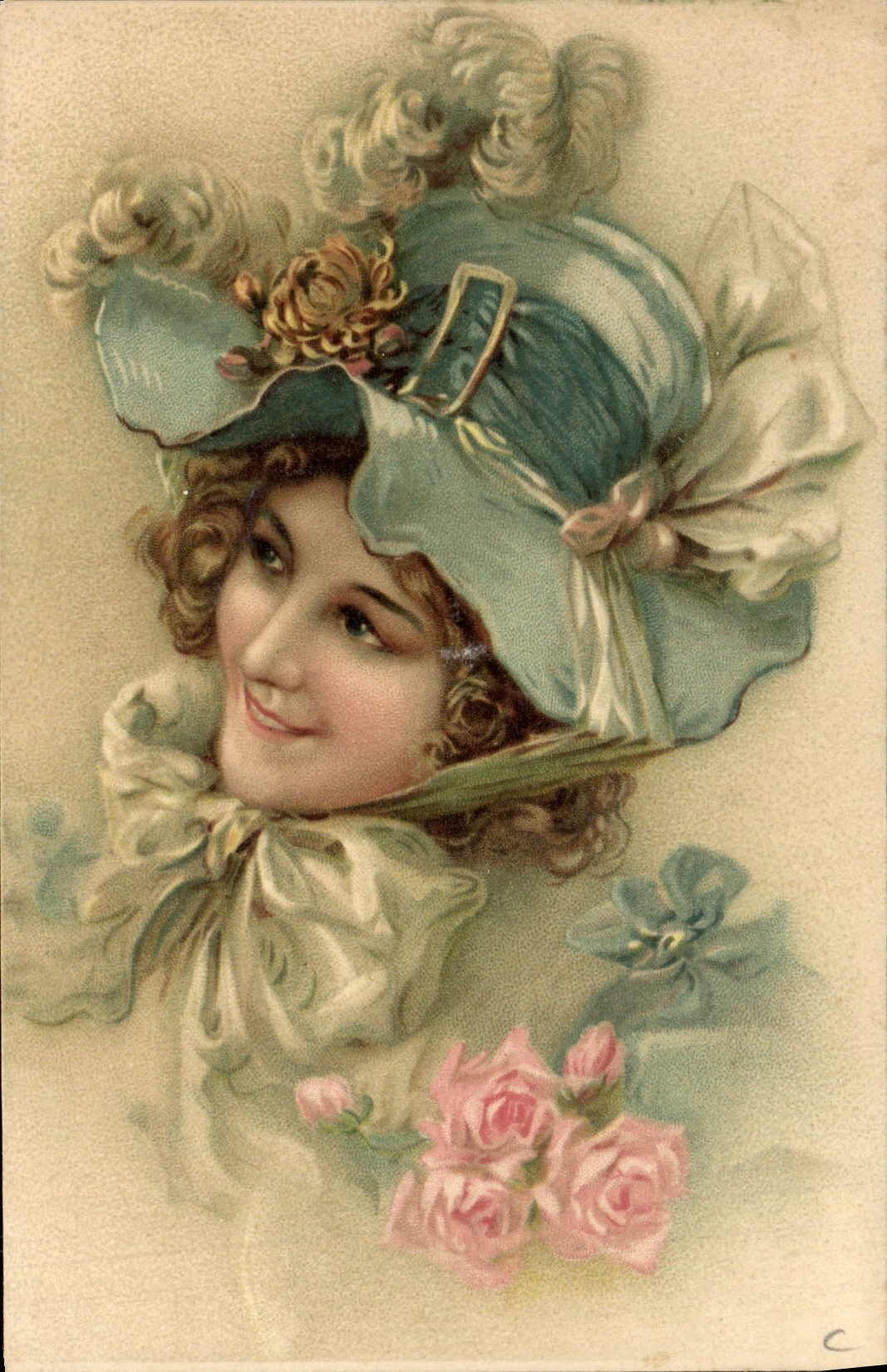 Joven mujer con sombrero azul — rosas — editor CPAPHIL, n° 696