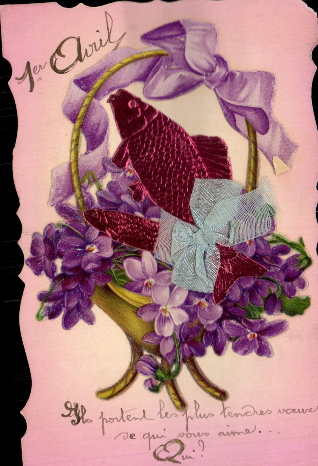 1er Avril — Poisson dans un panier de violettes — carte postale humoristique