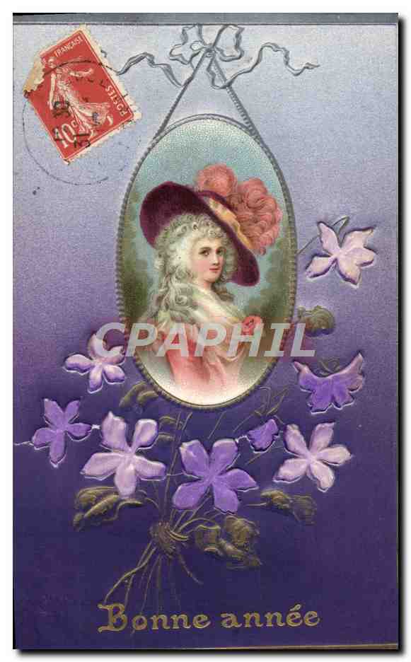 Femme en chapeau à fleurs — Bonne année — éditeur inconnu, n° de série non visible
