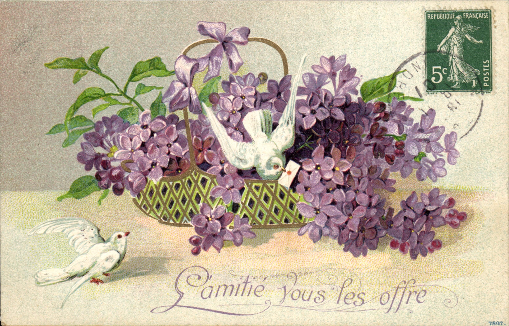 Lilas et colombe — Amitié vous les offre — Éditeur non visible, n° de série 7807