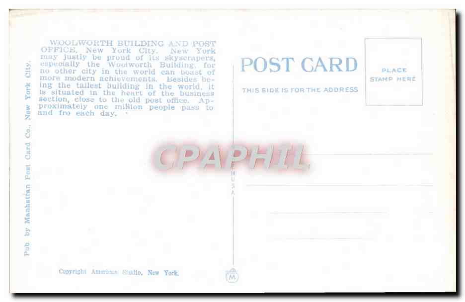 CPA Woolworth Building And Post Office New York City — Rückseite