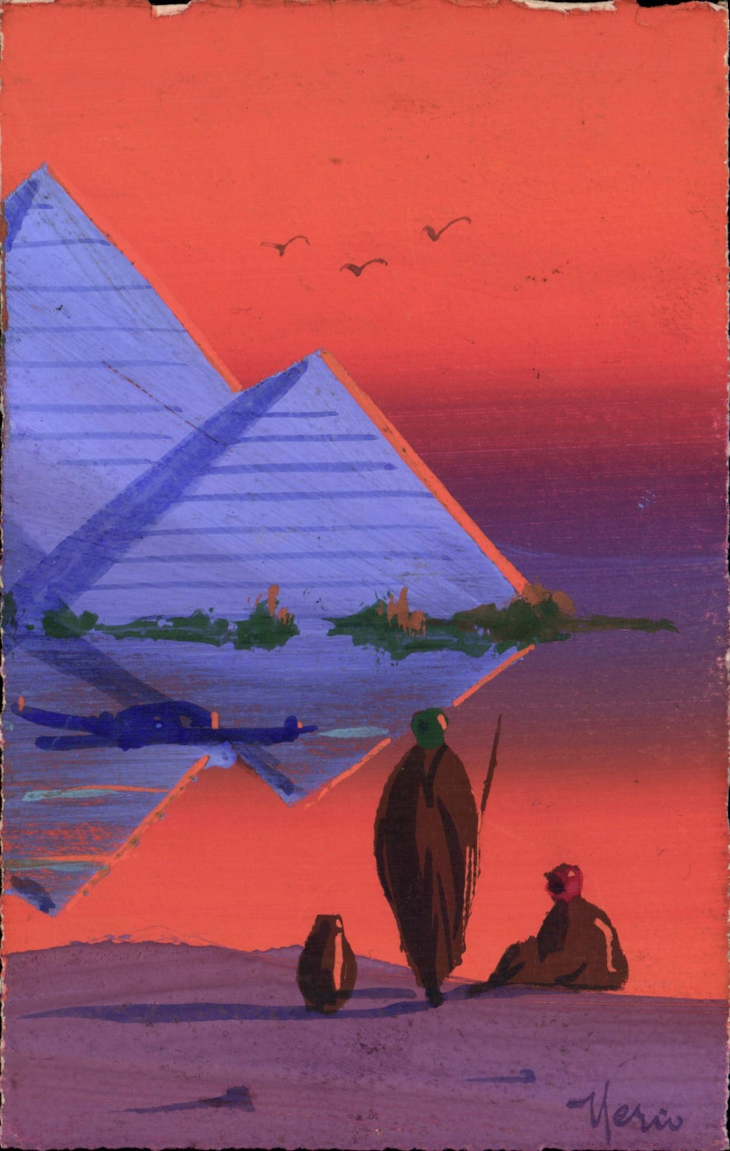 CPA Egypte Pyramide (dessin peint a la main)