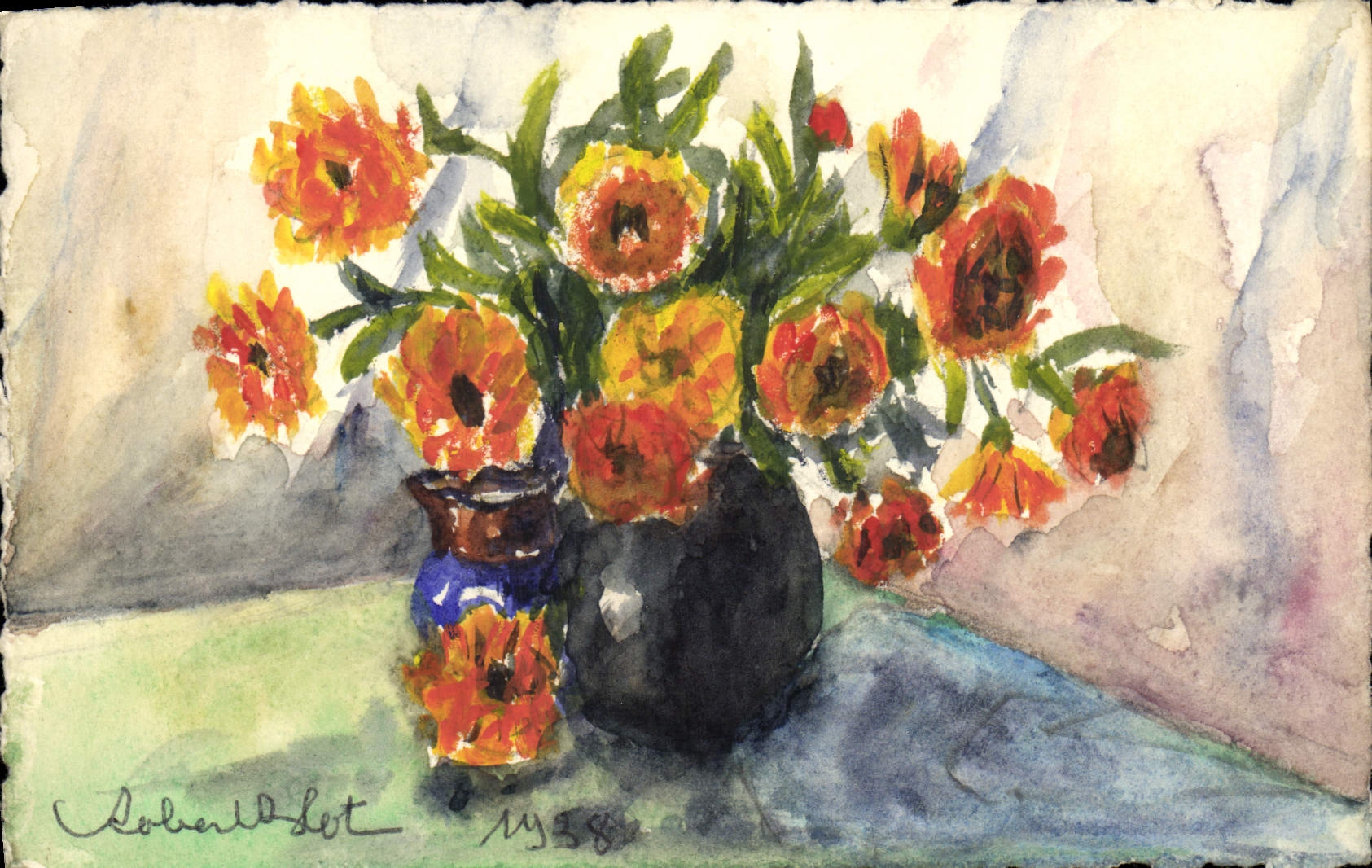 Bouquet de fleurs — peinture à l'aquarelle — signée Dobald Let, 1938 - Anverso