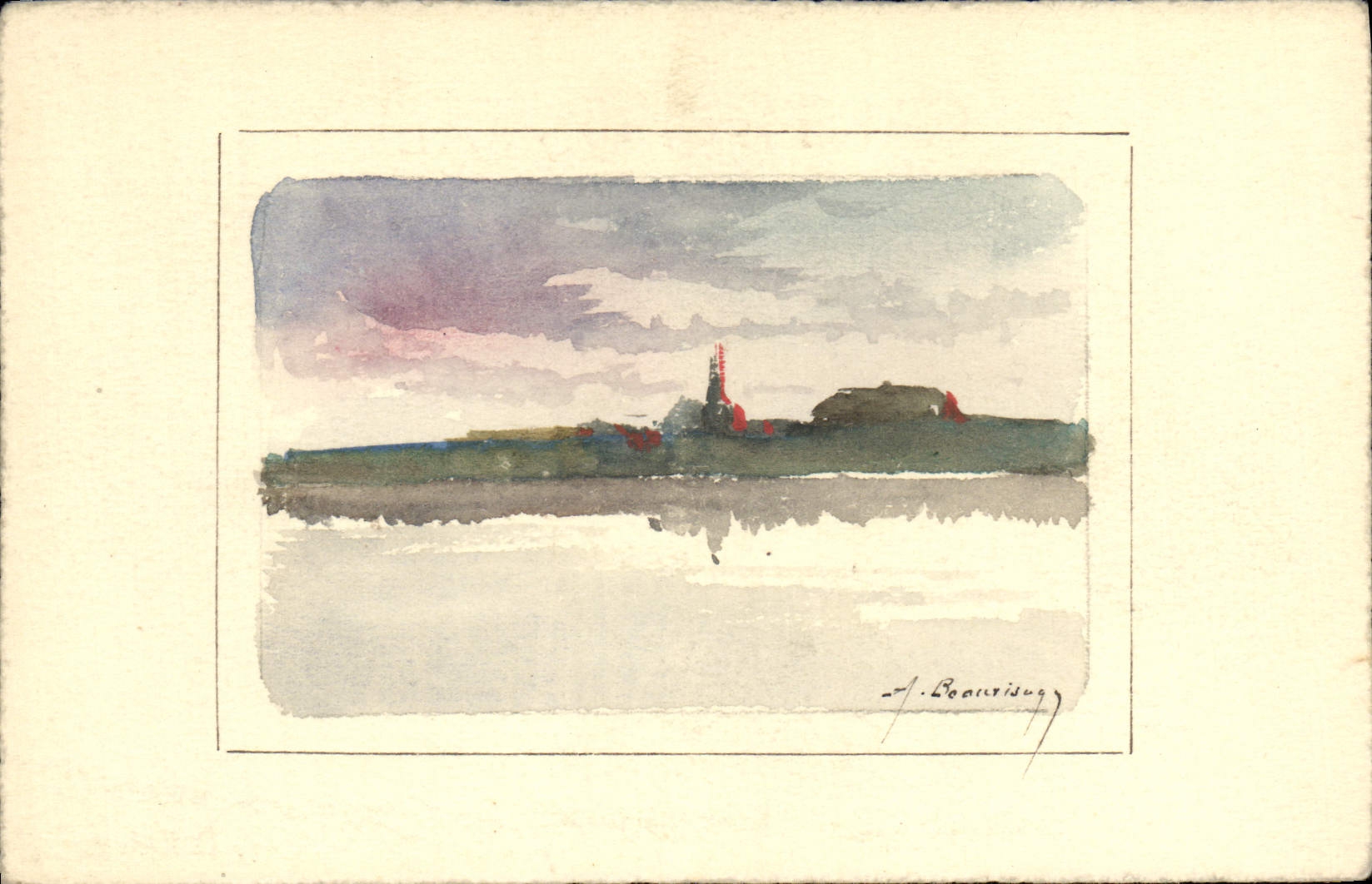 Vista de faro al borde del agua — J. Boarrising — dibujo al agua - Anverso