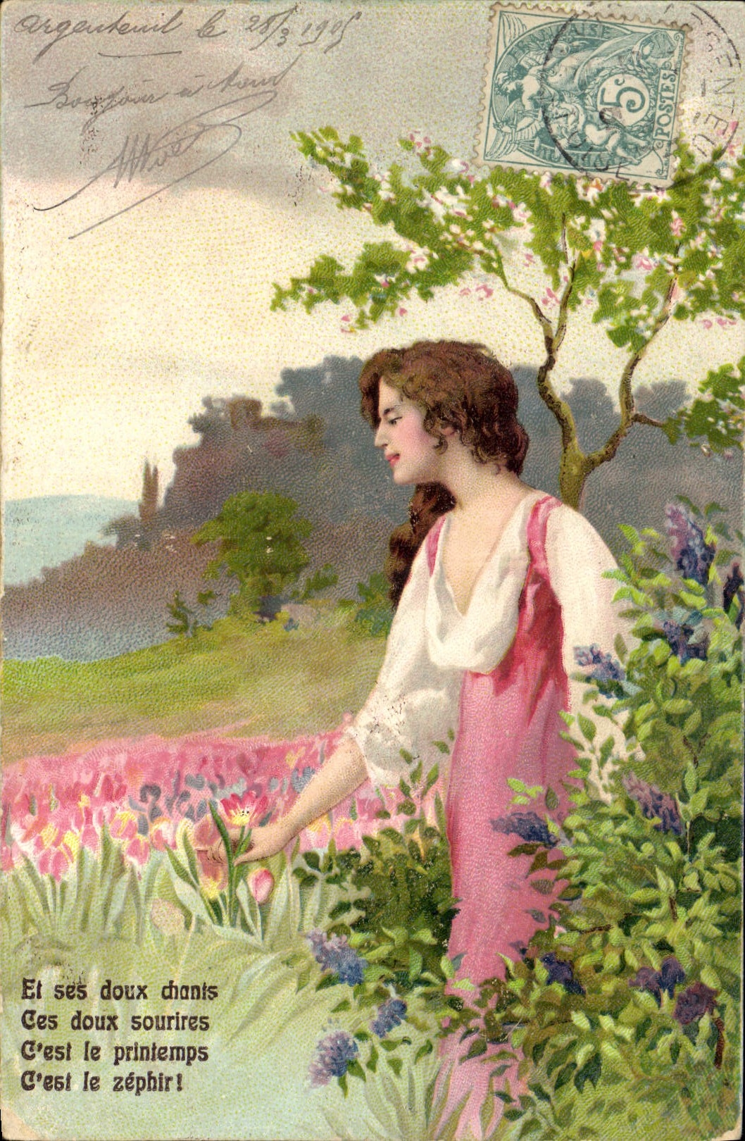 Femme au milieu de tulipes — Argentan — éditeur non identifié, n° de série non visible