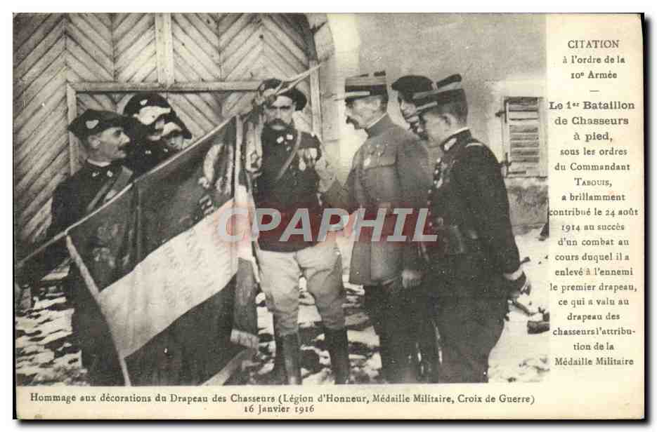 Hommage aux décorations du Drapeau des Chasseurs (Légion d'Honneur, Médaille Militaire, Croix de Guerre) — 16 janvier 1916 — éditeur non visible