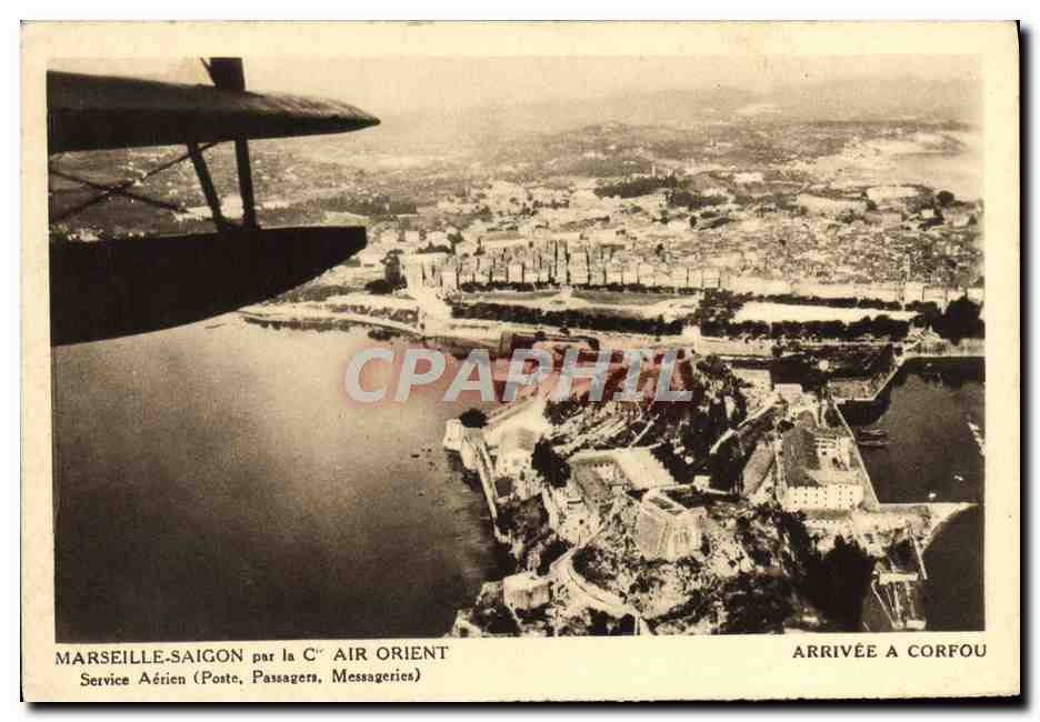 CPA Marseille Saigon Par La Cie Air Orient Service aerien Arrivee a Corfou Grece Avion Hydravion