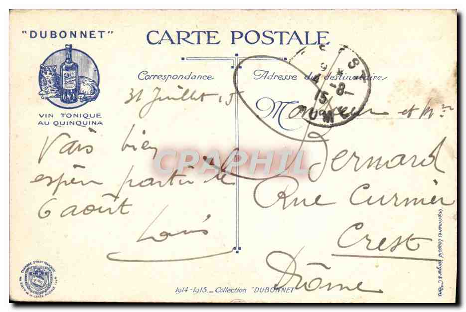CPA Un taube pause Militaria Poilus Publicite Dubonnet Quinquina — Rückseite