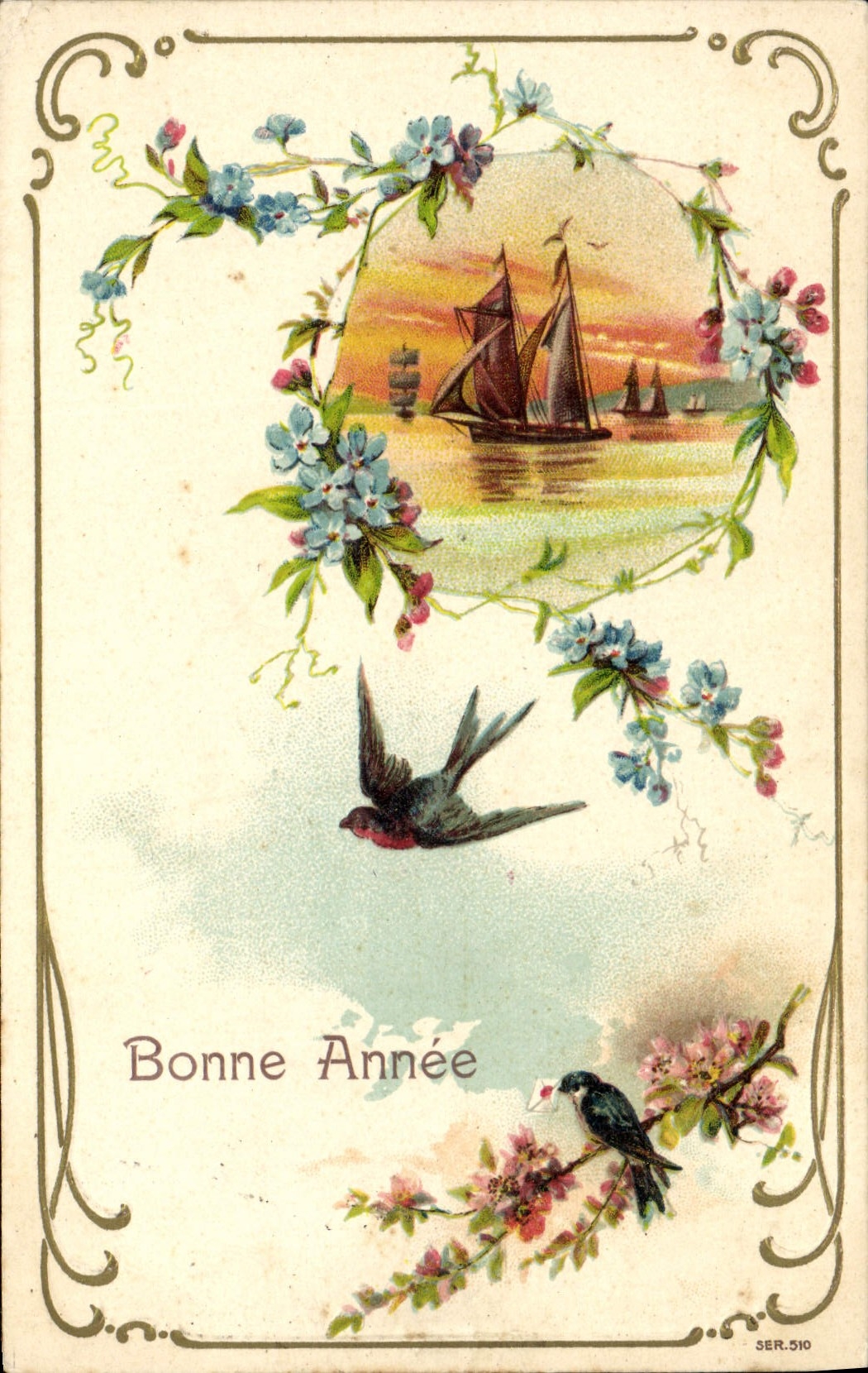CPA Fantaisie Fleurs Hirondelle Bonne Annee