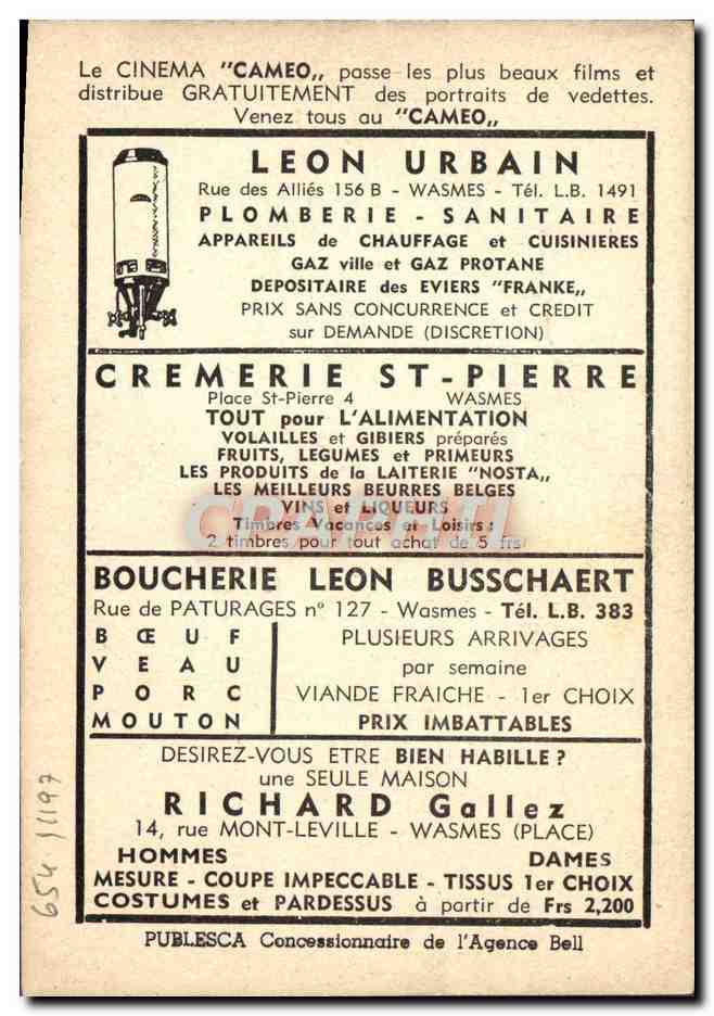 CPM Alan Ladd Cinema Publicite Richard Gallez Rue Mont Leville Wasmes Boucherie Leon Busschaert Cremerie St Pierre  — Rückseite