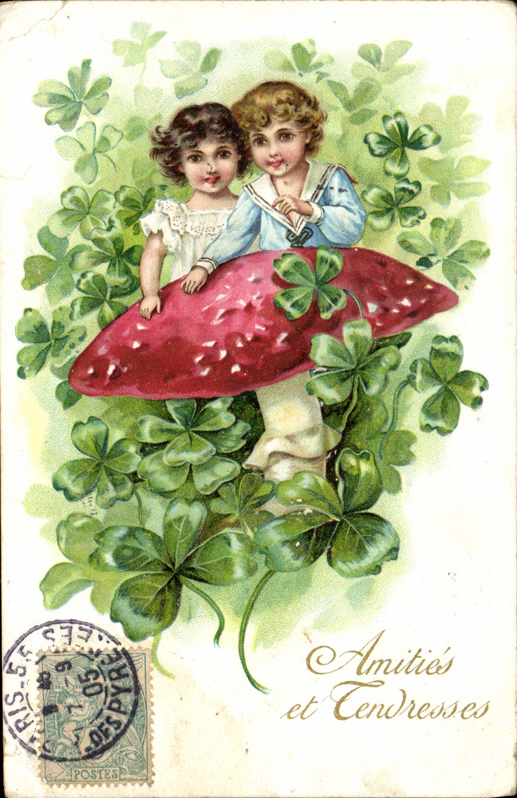 CPA Amities Et Tendresses Enfants Champignon Champignons