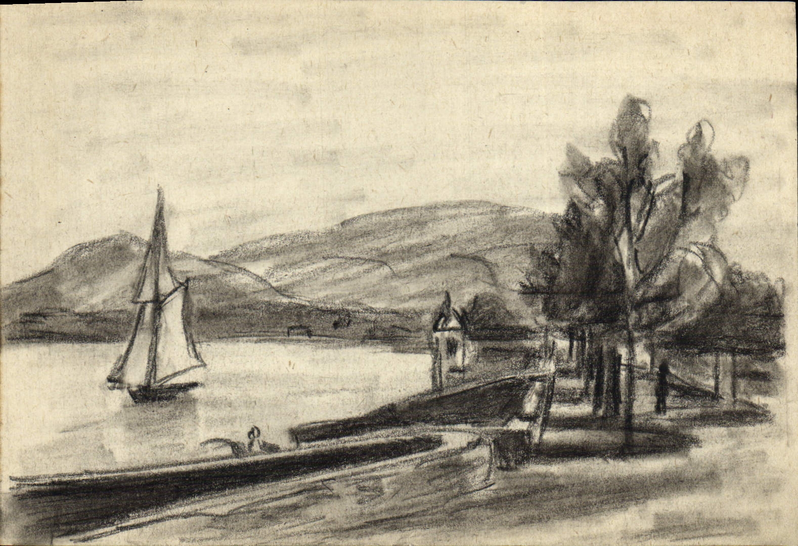 Dessin a la main Le quai des PAquis a Geneve d'apres Corot