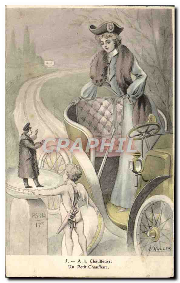 CPA A La Chauffeuse Un Petit Chauffeur Femme Ange Automobile