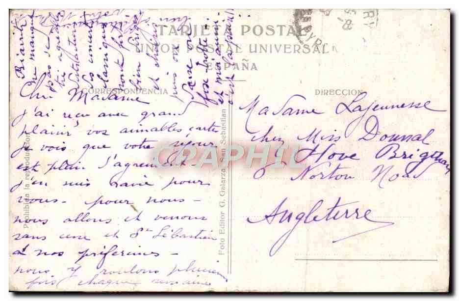 San Sebastián - Vista general desde el Castillo — Union Postal Universal, España — Verso