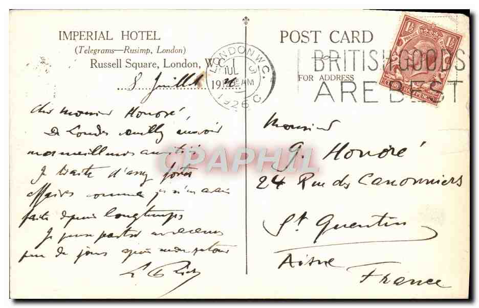 CPA London Imperial Hotel Russell Square — Back