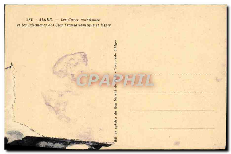 CPA Alger Les Gares Maritimes et les Batiments des Cies Transatlantique et Mixte Bateaux — Rückseite