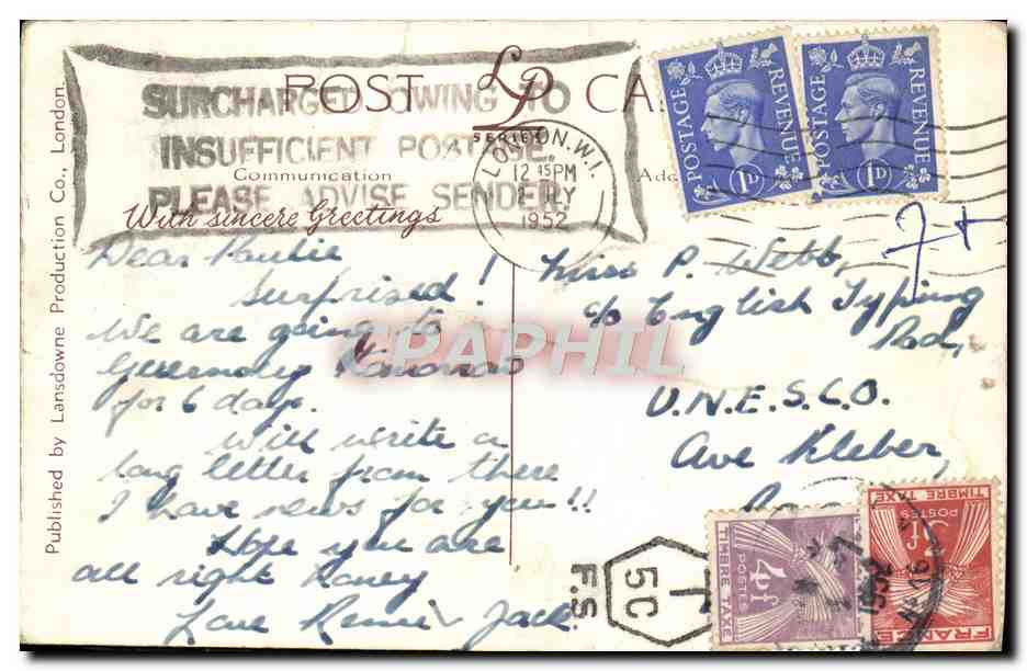 CPA Big Ben Westminster Bridge London cachet surcharge Timbre Taxe — Verso