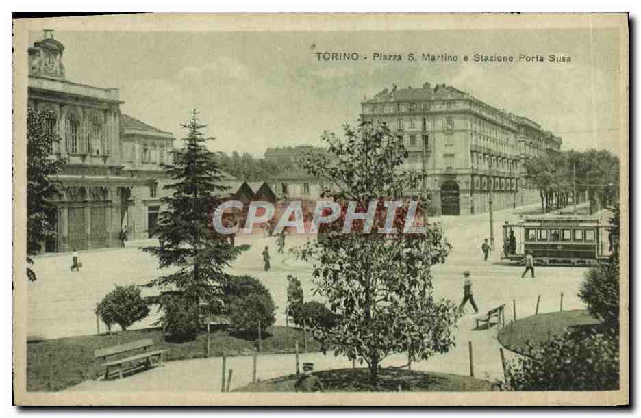 CPA Torino Piazza S Marino e stazione Porta Susa Tramway