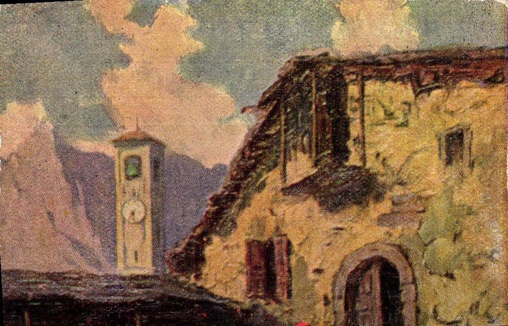 Village alpin avec clocher — vue peinte — Stampa Brevetto S.A.S. n° 0134 - Recto