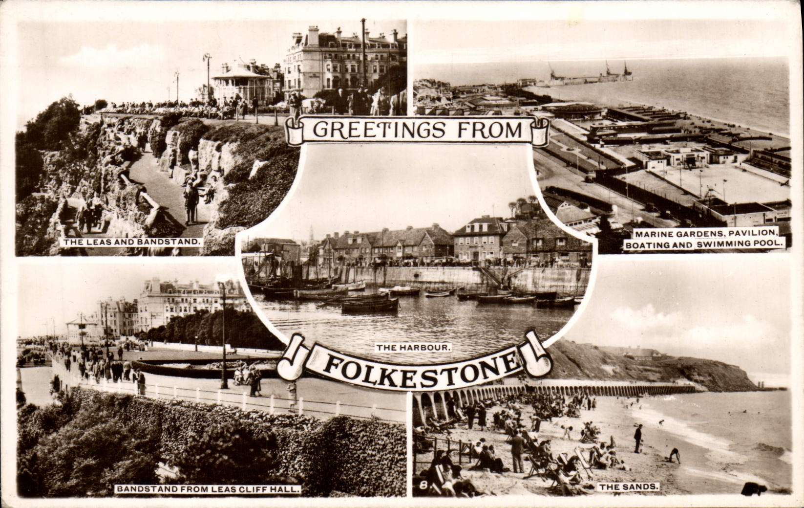 CPA Greetings From Folkestone The leads and Bandstand The sands Marine gardens 