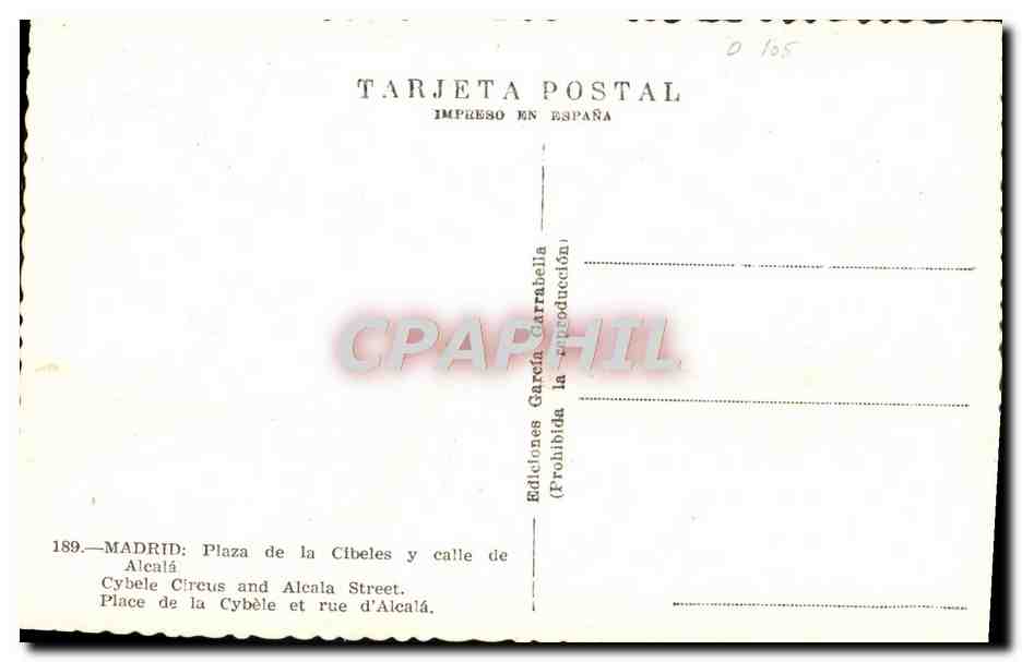Madrid — Plaza de Cibeles et calle de Alcalá — Éditions García Carrabella, n° 189 — Verso