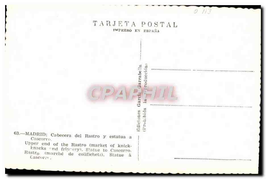 CPM Madrid Cabecera Del Rastro Y Estatua A Cascorro — Rückseite