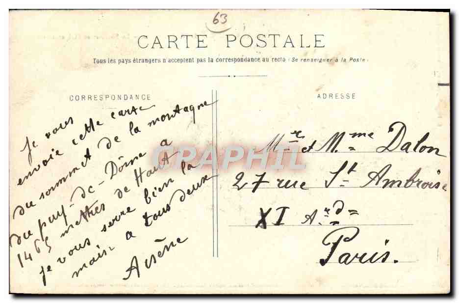 CPA Auvergne Le Puy De Dome Le Sommet Et l'Observatoire — Verso